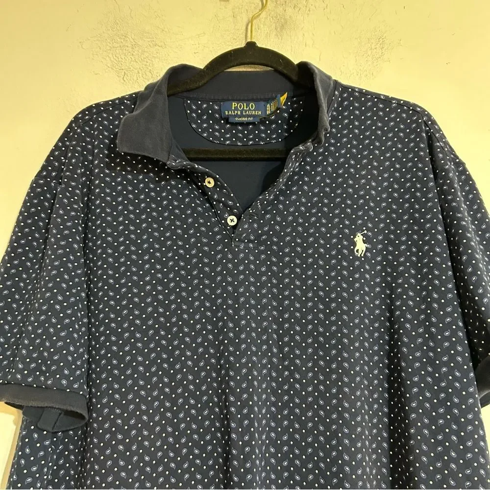 Polo Ralph Lauren Classic Fit Soft Cotton Polo Shirt Paisley Print Navy XL